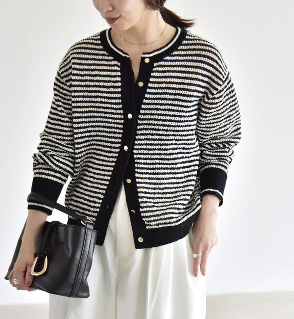 quaranciel「《予約》quaranciel: ボーダー クルーネック メタルボタン ニット カーディガン」|カーディガン|