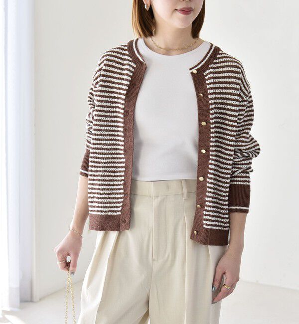 quaranciel「《予約》quaranciel: ボーダー クルーネック メタルボタン ニット カーディガン」|カーディガン|