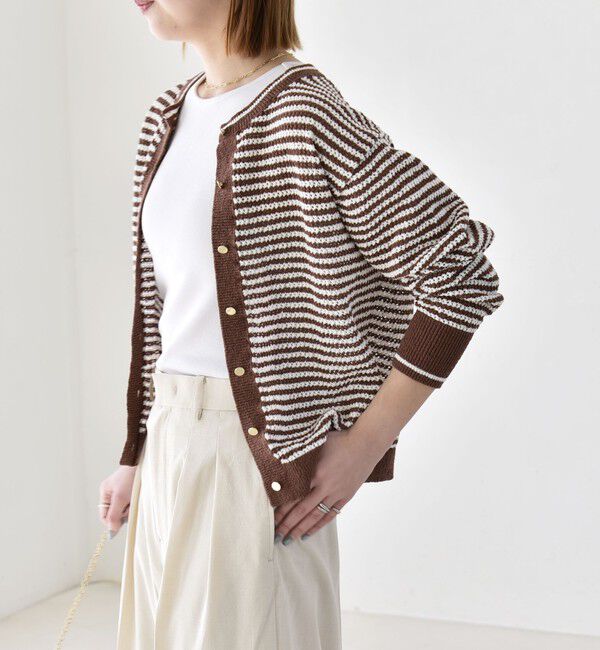 quaranciel「《予約》quaranciel: ボーダー クルーネック メタルボタン ニット カーディガン」|カーディガン|