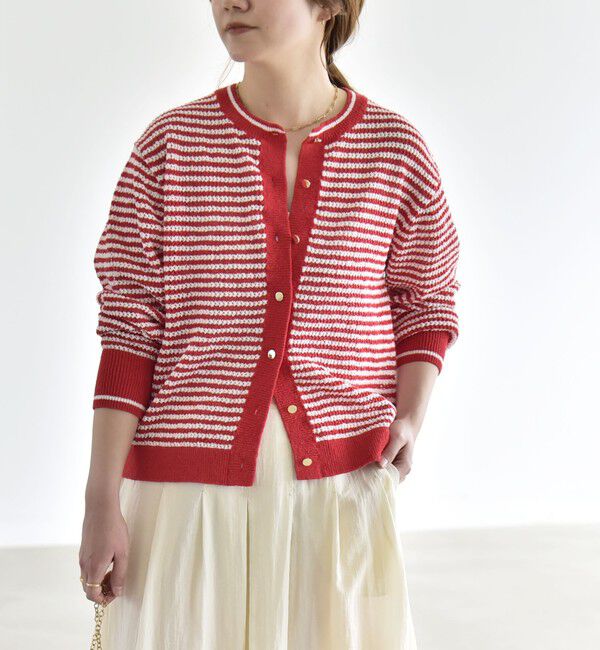 quaranciel「《予約》quaranciel: ボーダー クルーネック メタルボタン ニット カーディガン」|カーディガン|