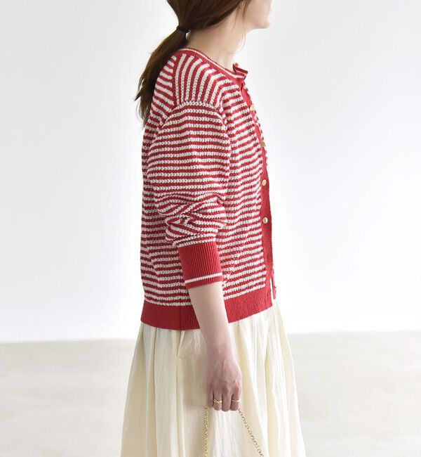 quaranciel「《予約》quaranciel: ボーダー クルーネック メタルボタン ニット カーディガン」|カーディガン|