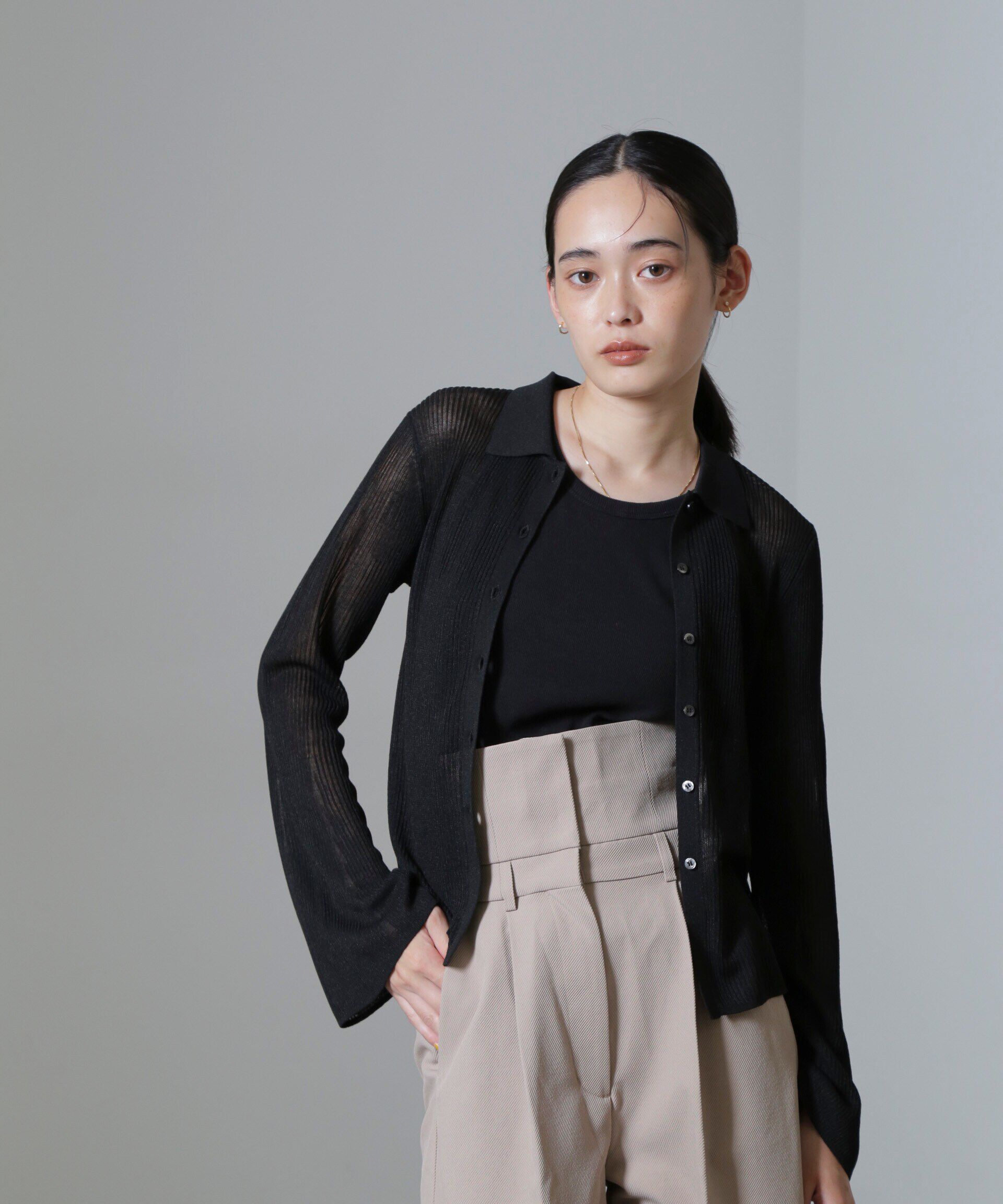 nano･universe「シアーブライトリブ衿付きカーディガン」|ニット・セーター|