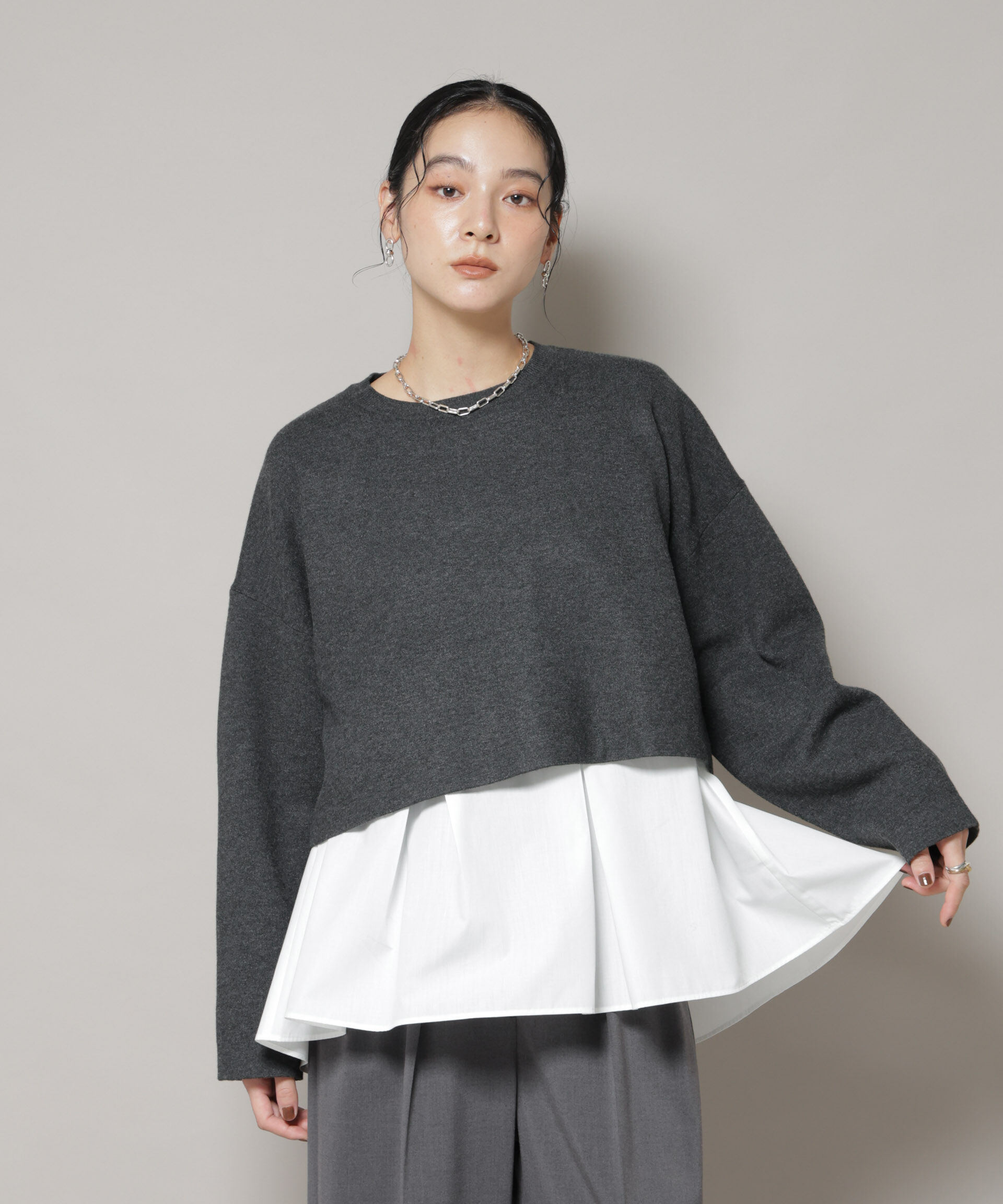 nano･universe「ダブルジャガードニット&times;タックブラウス ペプラムセット」|ニット・セーター|チャコール3