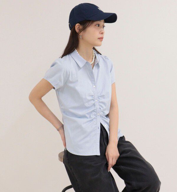 fredy emue「フロントギャザーちび袖ブラウス」|シャツ・ブラウス|サックス