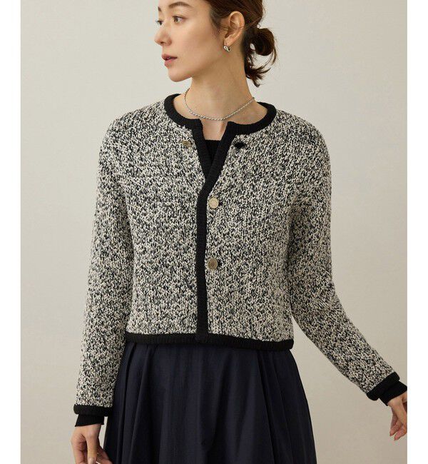 ROPE「スパンコールミックスノーカラーニットジャケット/洗える」|ノーカラージャケット|ブラック(01)