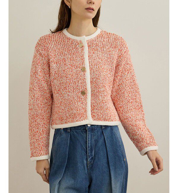 ROPE「スパンコールミックスノーカラーニットジャケット/洗える」|ノーカラージャケット|