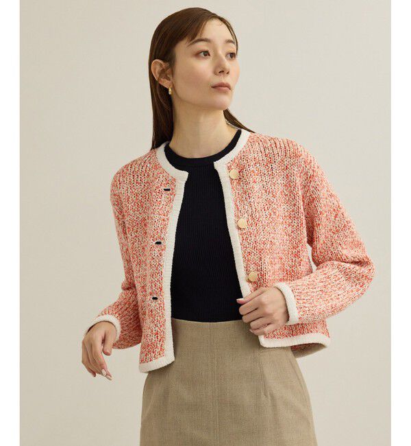 ROPE「スパンコールミックスノーカラーニットジャケット/洗える」|ノーカラージャケット|レッド(60)