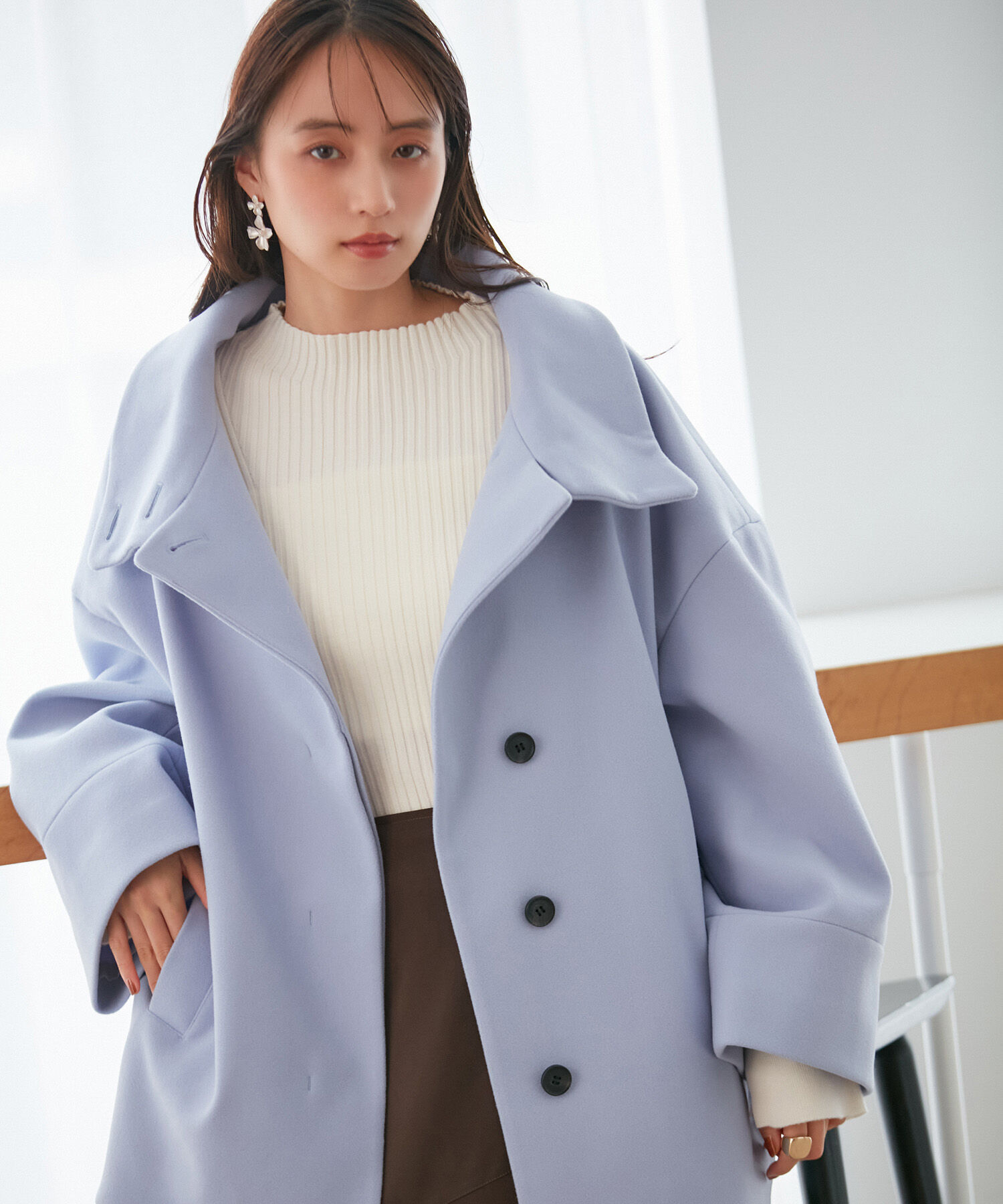 VIS「【静電気防止】ステン&スタンドカラージャージメルトンミドル丈コート」|ステンカラーコート|