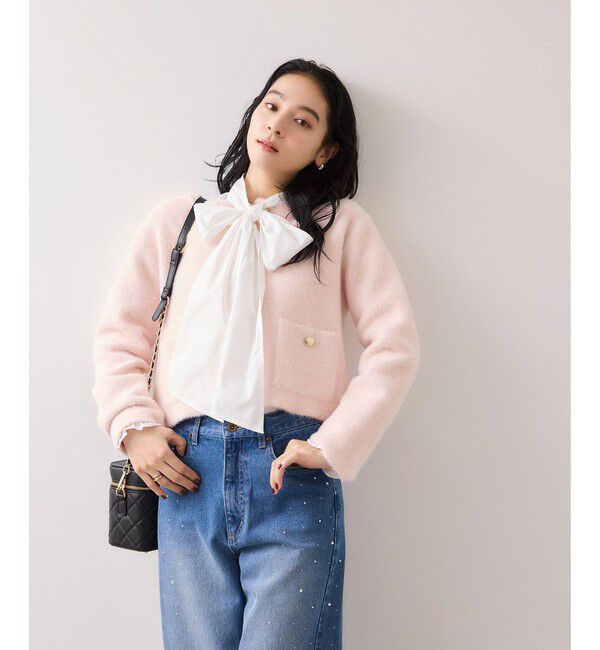 VIS「チェック＆デニムアソートボウタイリボン付きスタンドカラーシャツ」|シャツ・ブラウス|