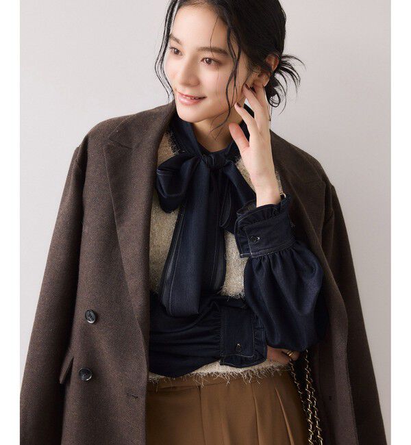 VIS「チェック＆デニムアソートボウタイリボン付きスタンドカラーシャツ」|シャツ・ブラウス|