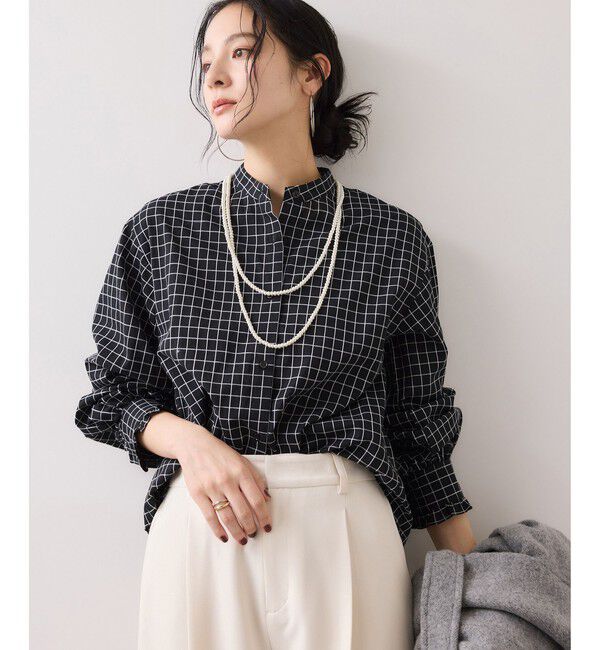 VIS「チェック＆デニムアソートボウタイリボン付きスタンドカラーシャツ」|シャツ・ブラウス|