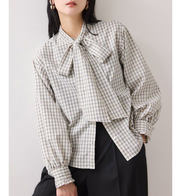 VIS「チェック＆デニムアソートボウタイリボン付きスタンドカラーシャツ」|シャツ・ブラウス|オフホワイト(15)