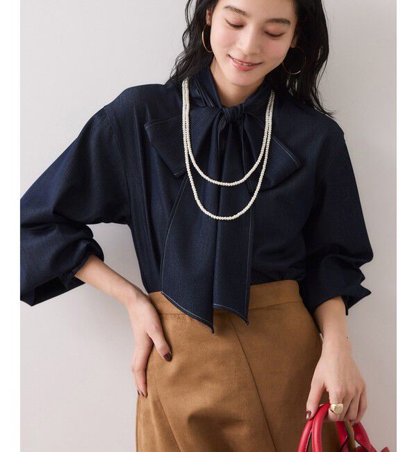 VIS「チェック＆デニムアソートボウタイリボン付きスタンドカラーシャツ」|シャツ・ブラウス|