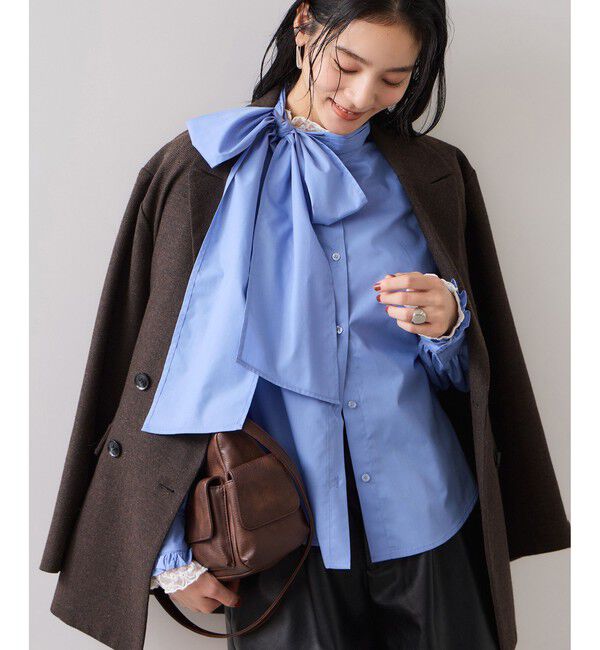 VIS「チェック＆デニムアソートボウタイリボン付きスタンドカラーシャツ」|シャツ・ブラウス|サックス(48)