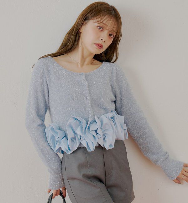  「ねじりフリルデザインラメシャギーカーディガン」|カーディガン|