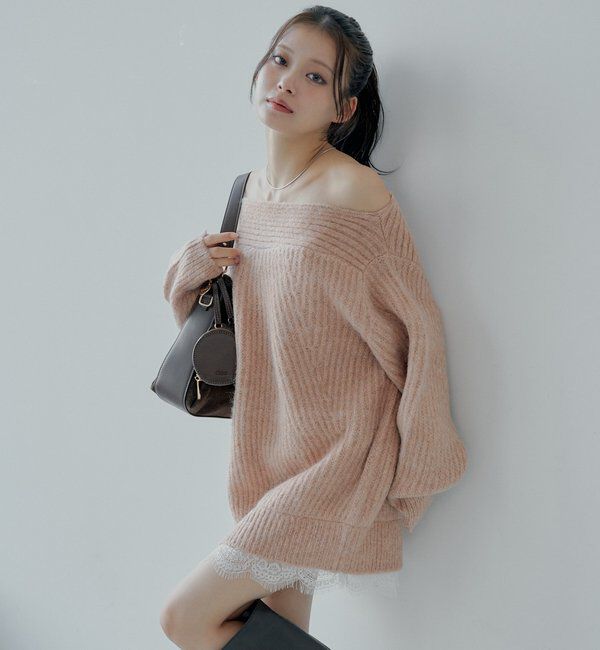  「ワンショルレースニットミニワンピース」|ワンピース|