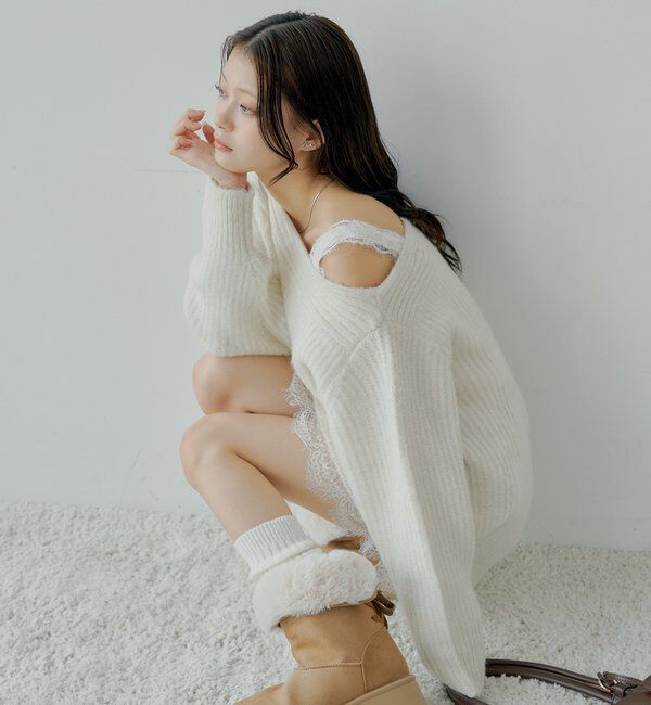  「ワンショルレースニットミニワンピース」|ワンピース|