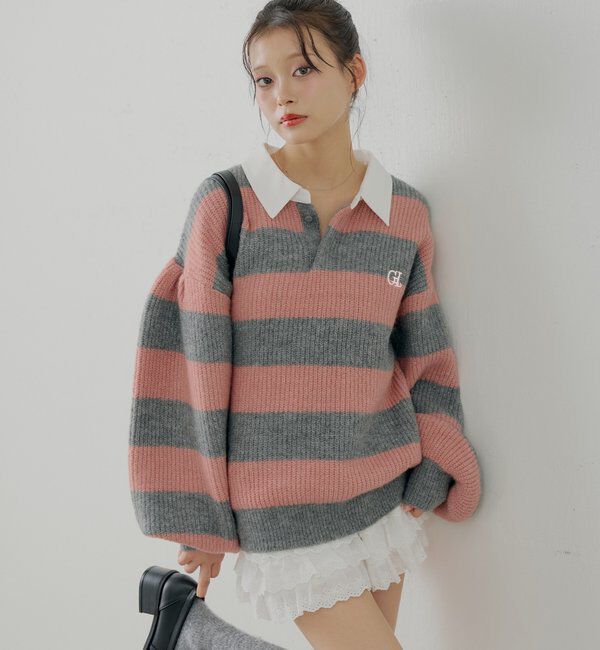  「ルーズボーダーラガーニット」|ニット・セーター|ピンクその他2