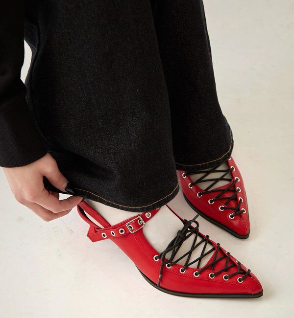  「レースアップアイレットミュール」|ロングブーツ|レッド