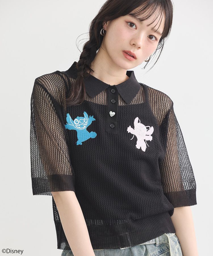 earth music&ecology「スティッチ/刺繍ハートボタンニットポロシャツ」|ニット・セーター|Black