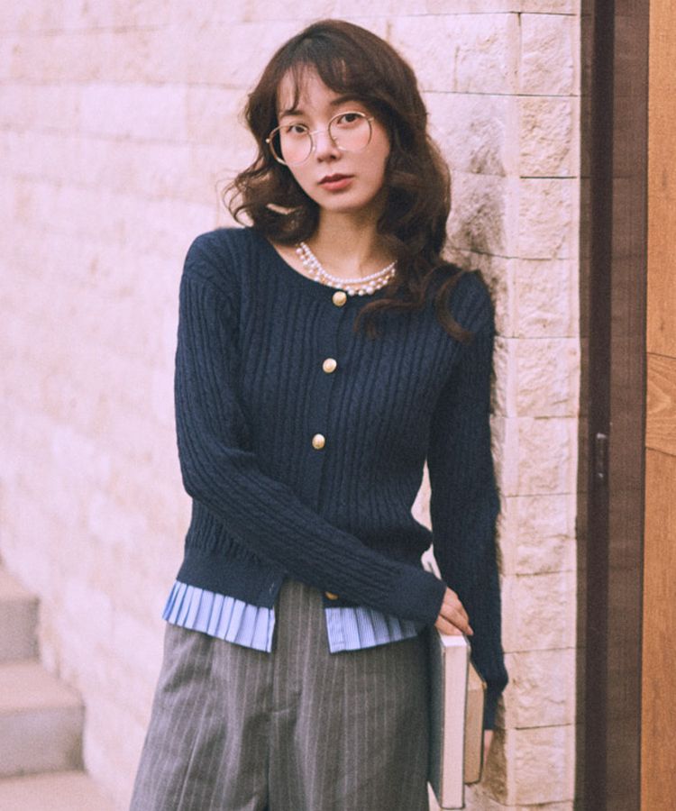 earth music&ecology「プリーツレイヤーケーブルニットカーディガン」|カーディガン|