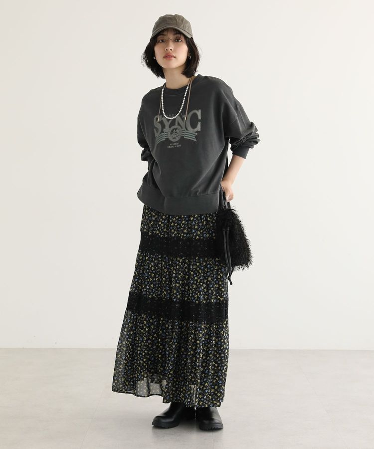 Green Parks「レースドッキング花柄ティアードスカート」|フレア|