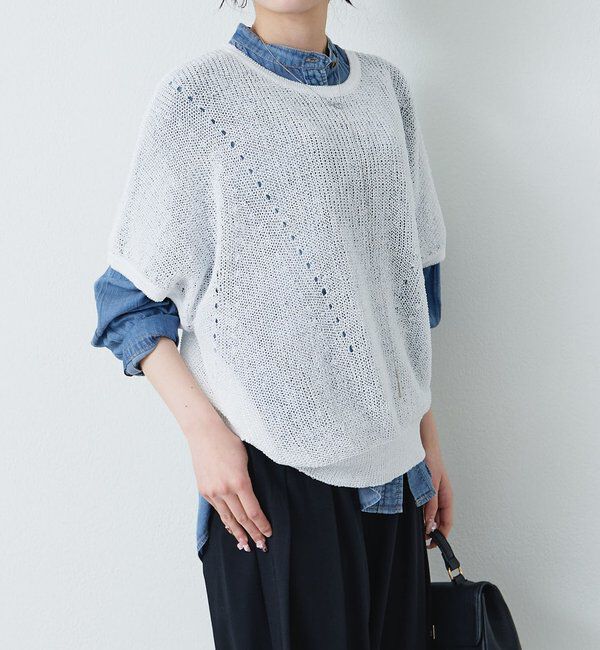  「アイレットデザインテープヤーンハーフスリーブニット」|ニット・セーター|