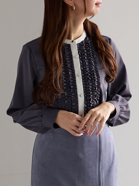 Te chichi「フロントフリルバイカラーブラウス」|シャツ・ブラウス|チャコールグレー