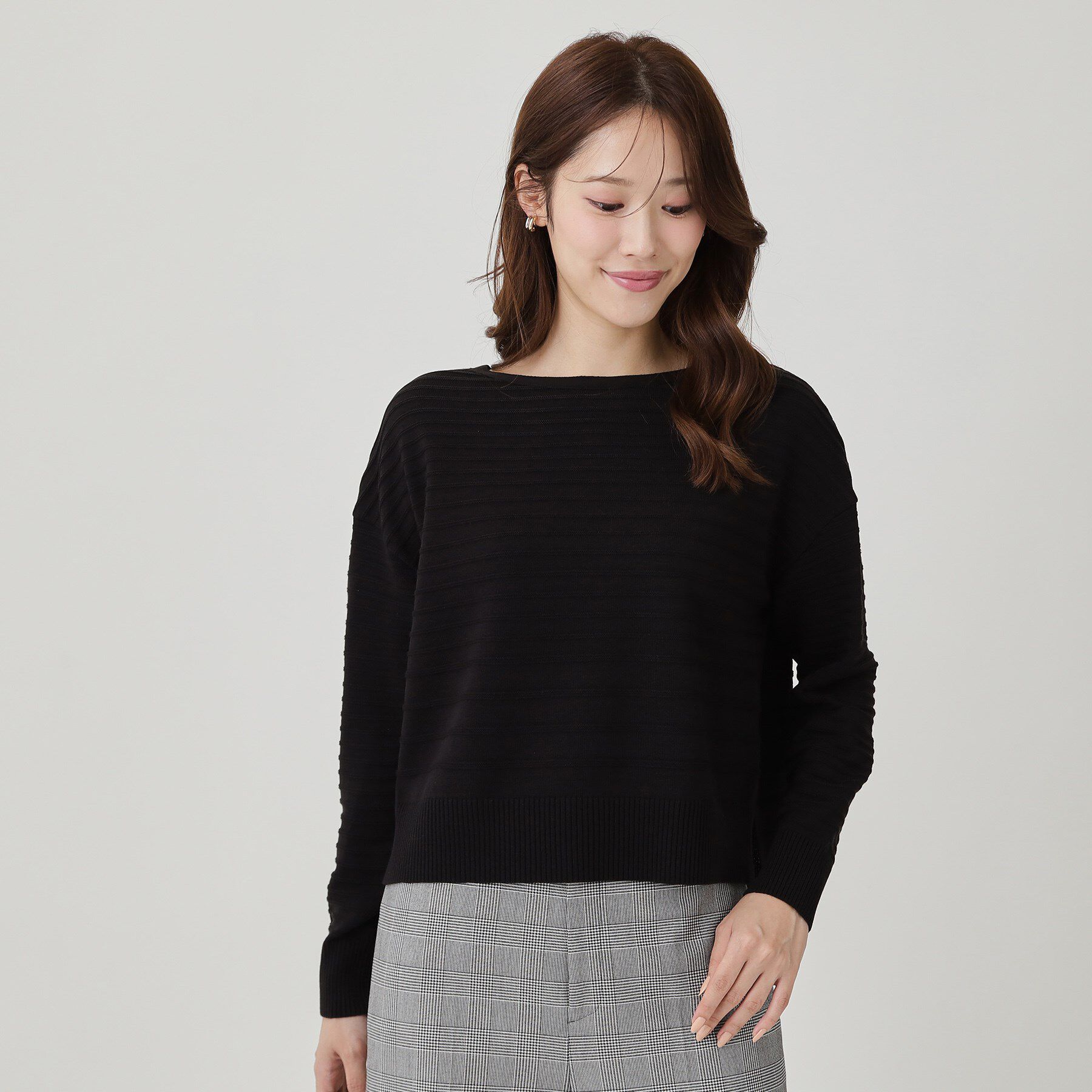 COUP DE CHANCE「【手洗い可／日本製】地柄ボーダーのニットトップス」|ニット・セーター|ブラック(019)