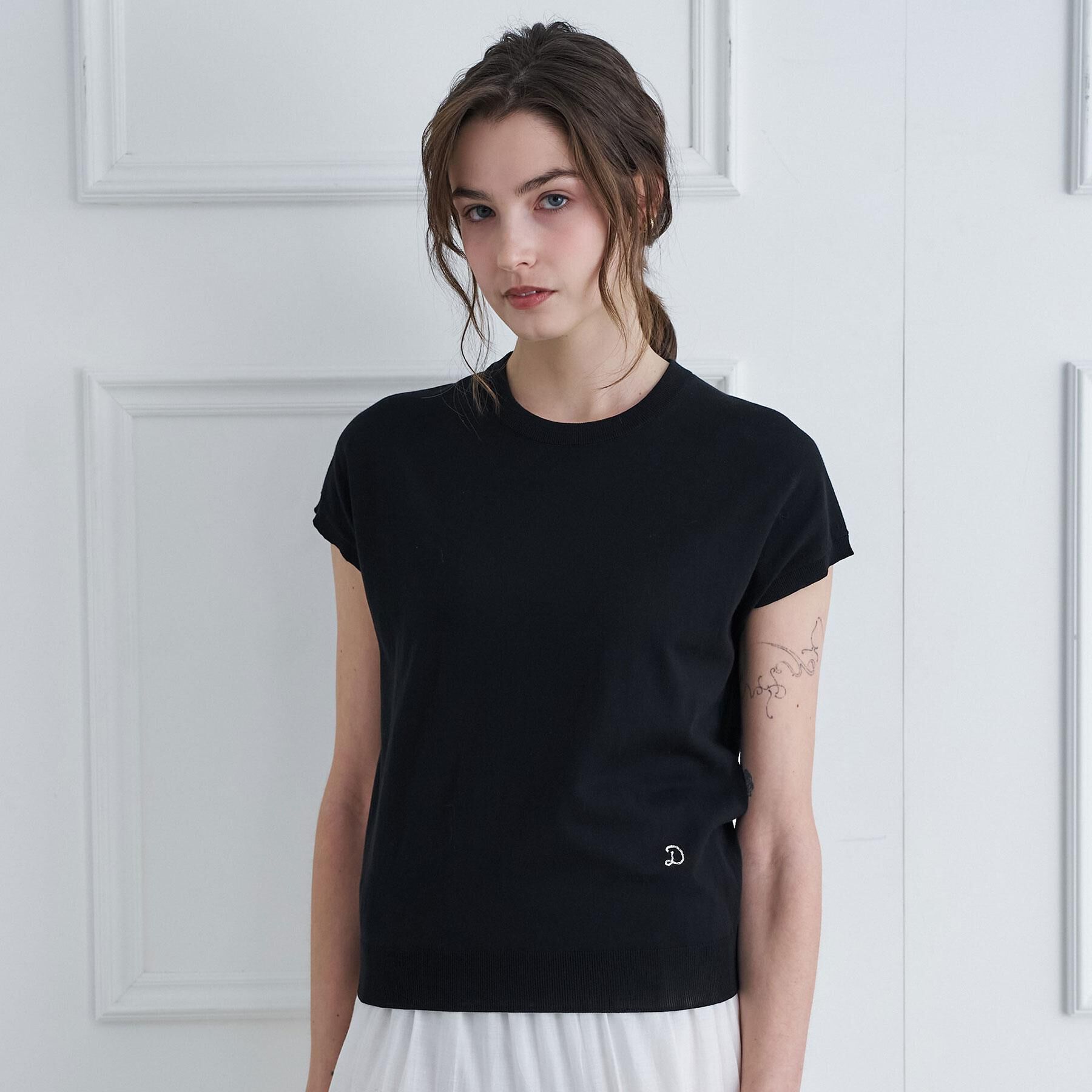 DRESSTERIOR「【ウォッシャブル】コットンシルクフレンチスリーブニット」|ニット・セーター|ブラック(019)