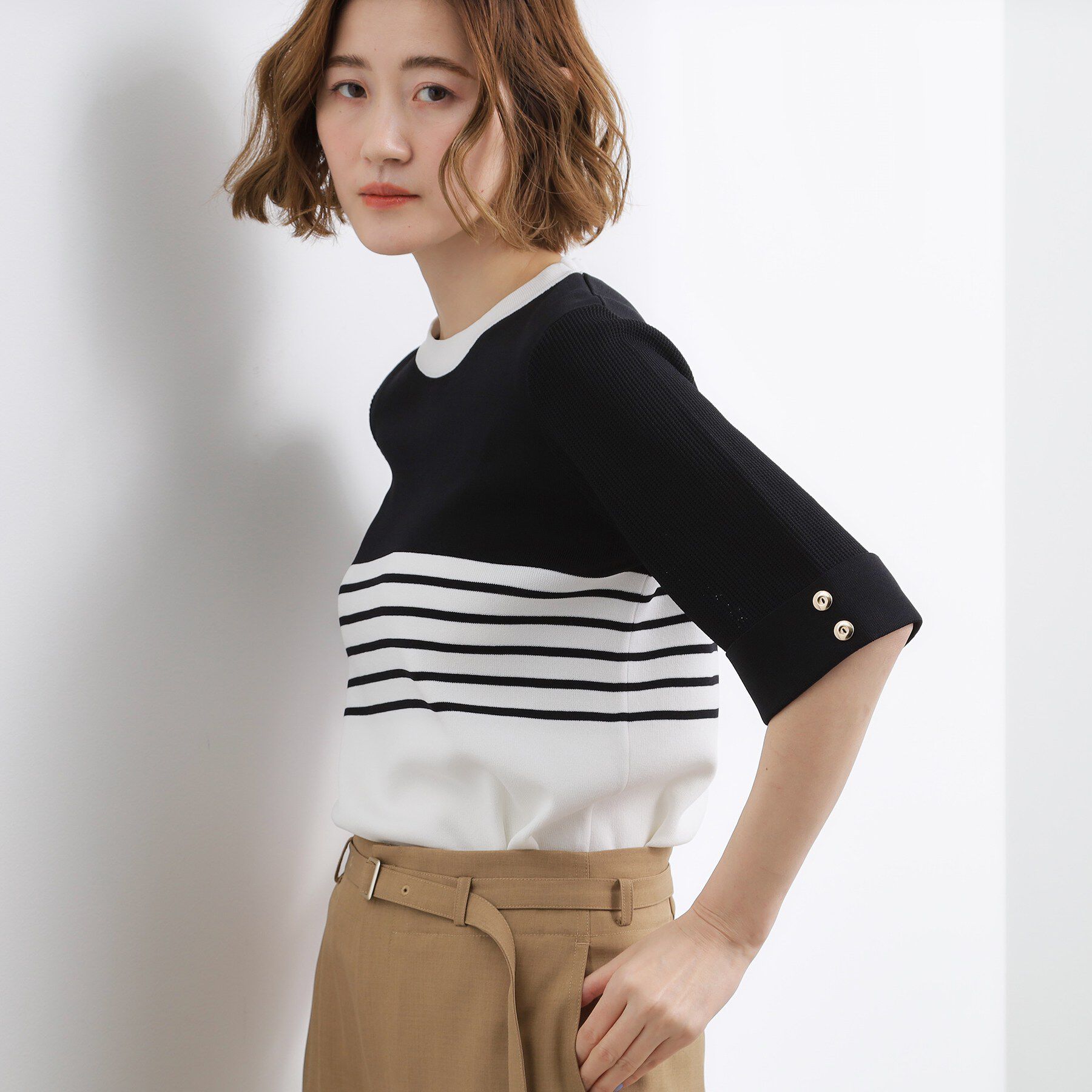 grove「【貴島明日香さん着用】やわらかドライタッチ 袖メッシュ編みニット」|ニット・セーター|