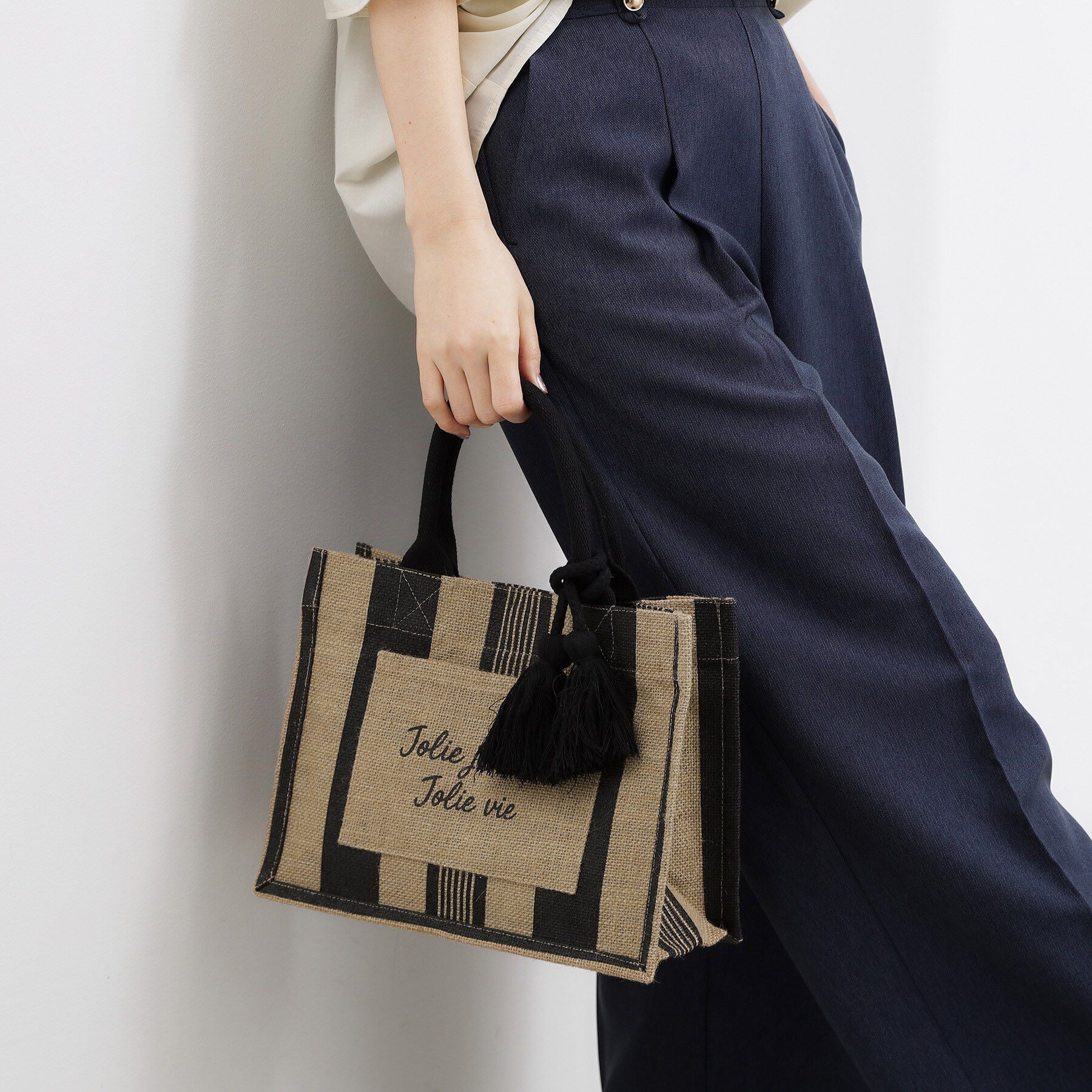 grove「アソートジュートタッセルトート」|トートバッグ|ストライプブラック(