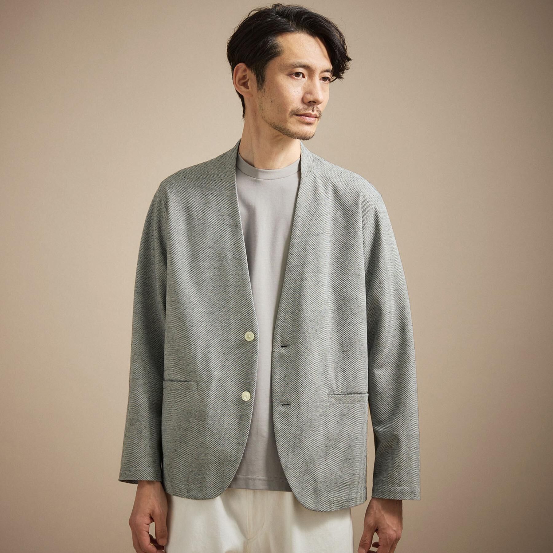 TAKEO KIKUCHI「【抗菌防臭】バーズアイメッシュノーカラージャケット」|カーディガン|グレー(012)