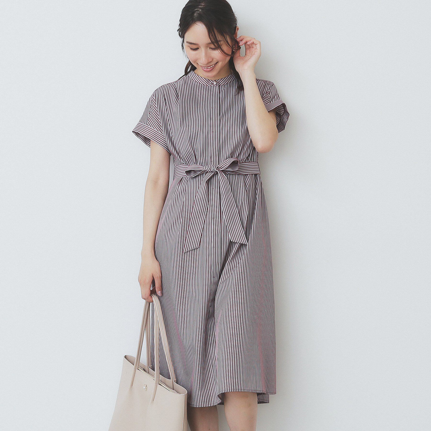 index「《XS-LLサイズ》マルチストライプシャツワンピース【洗濯機洗い可/イージーアイロン/防シワ】」|ワンピース|ボルドー(364)
