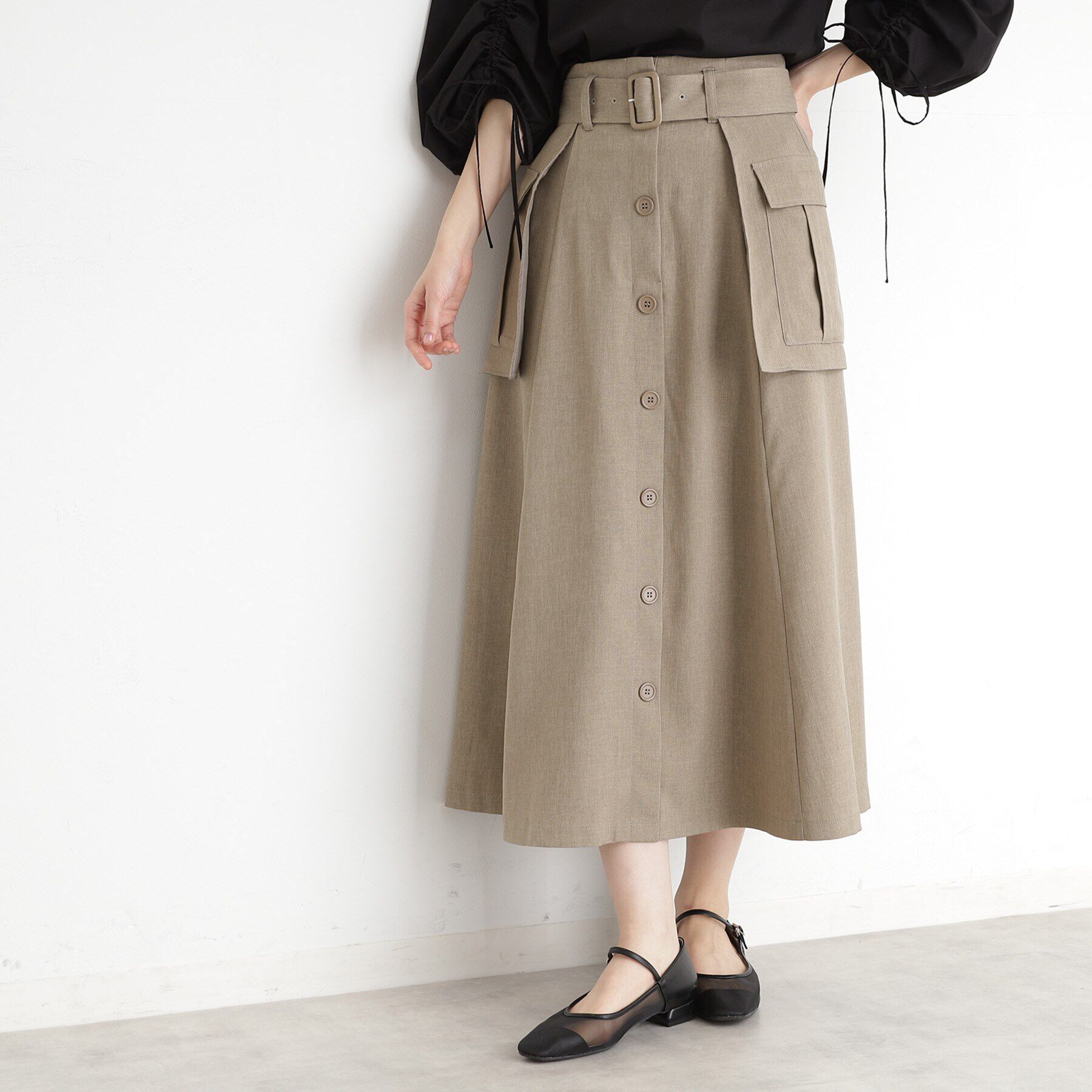 THE SHOP TK「フラップベルト付きスカート【洗える】」|スカート|カーキ(027)
