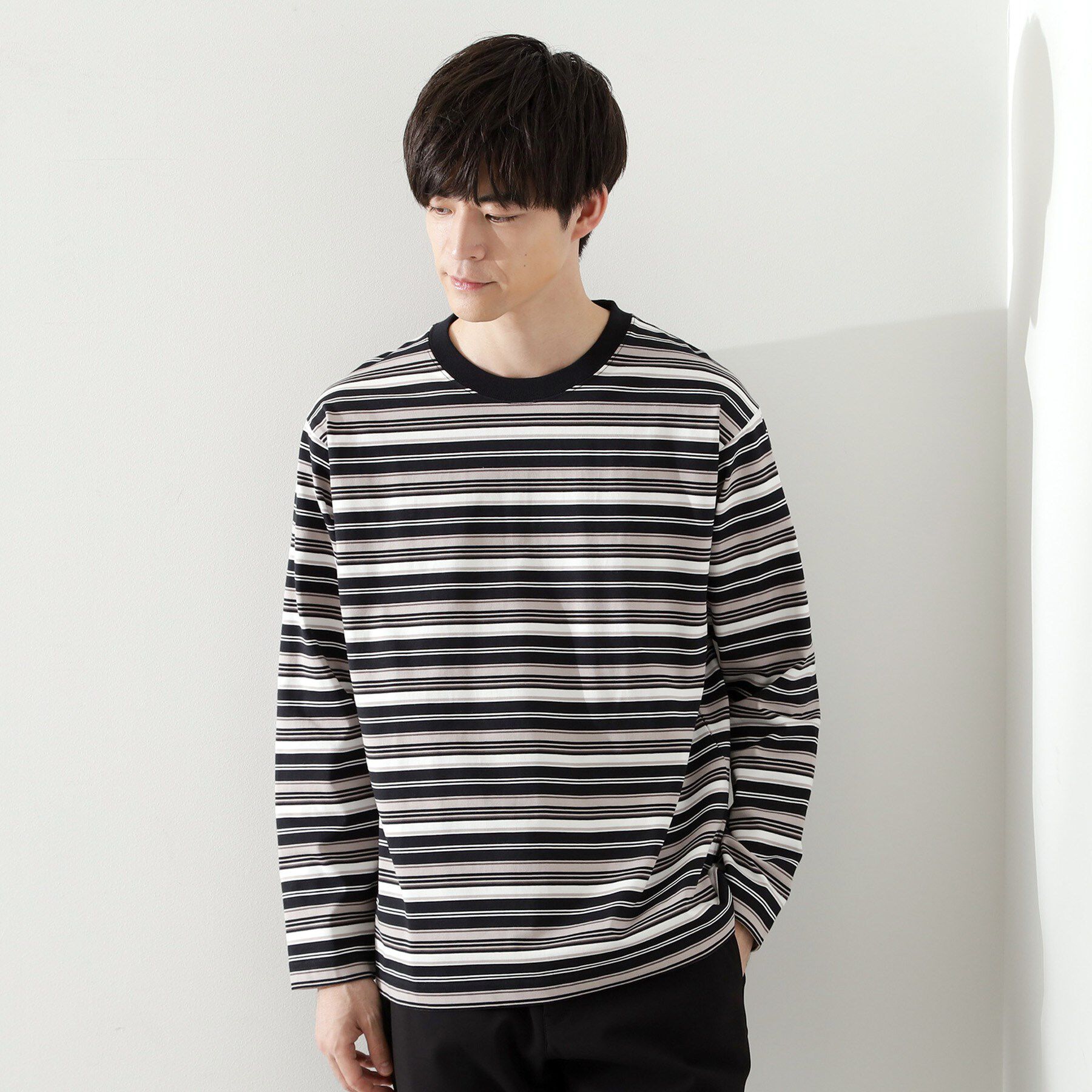 THE SHOP TK「ランダムボーダー長袖タフTシャツ 【洗濯機OK】」|Tシャツ・カットソー|ブラック(319)