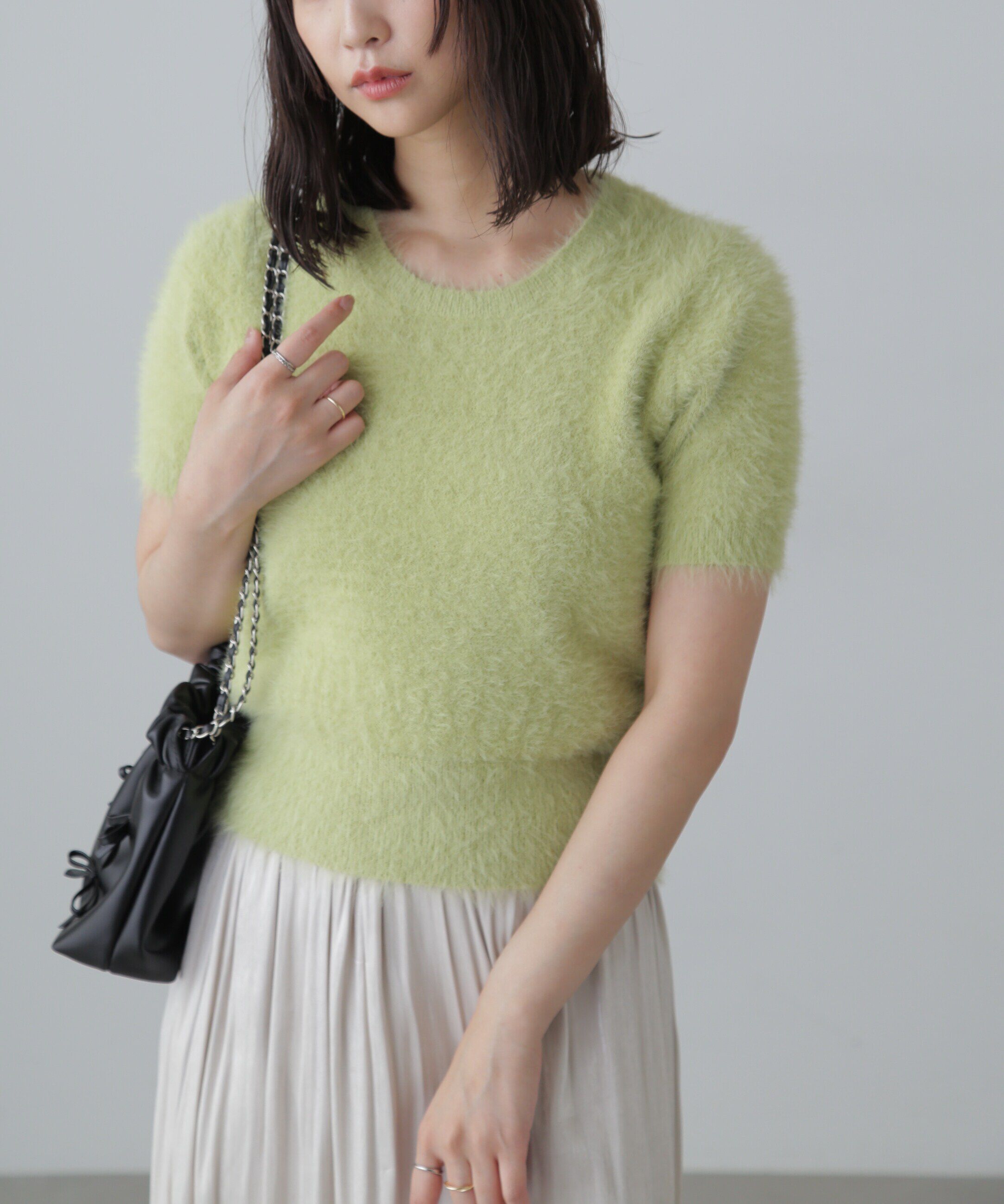  「シャギー半袖ニット」|ニット・セーター|グリーン