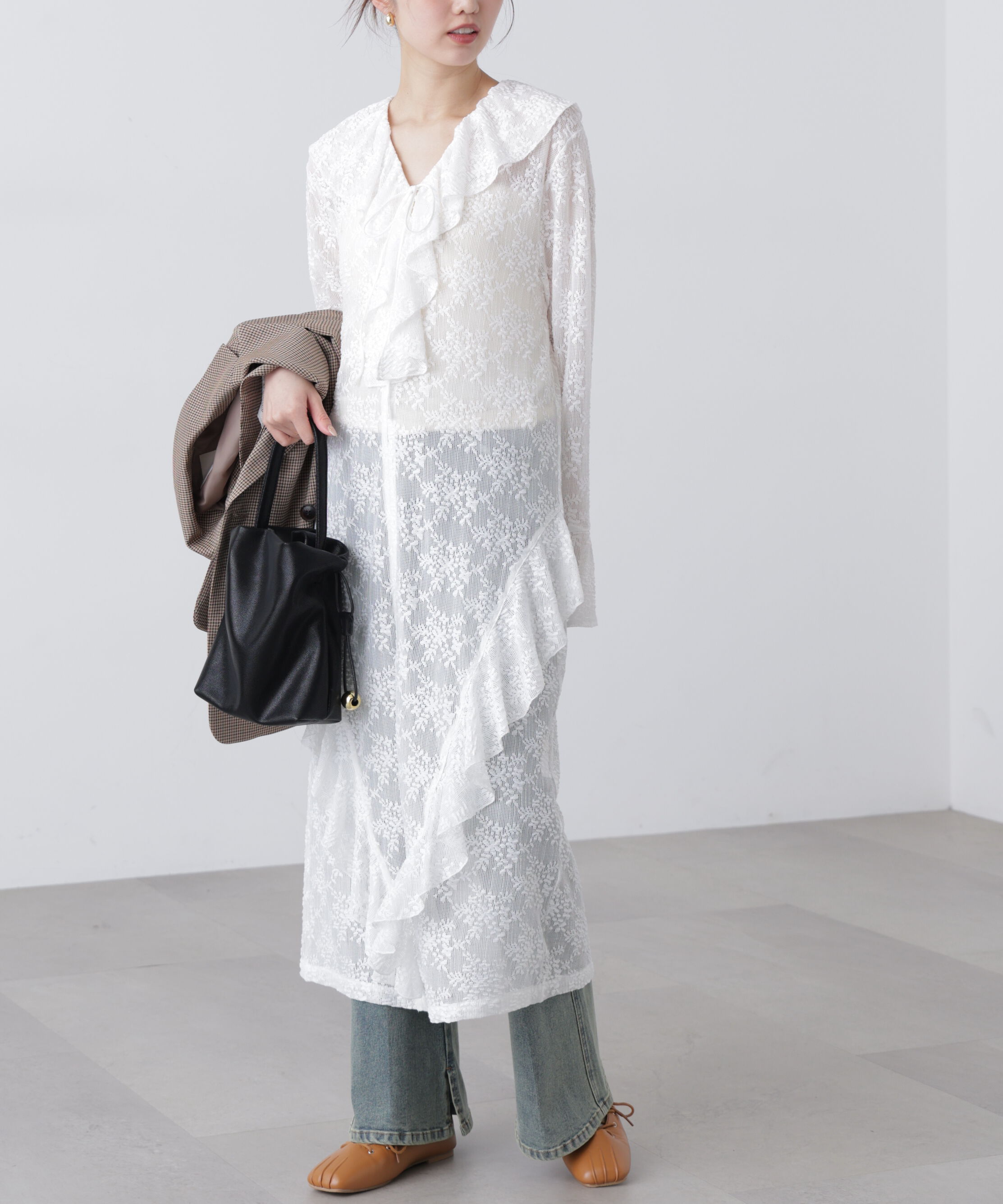  「前開きラッフルフリルレースワンピース」|ワンピース|ホワイト