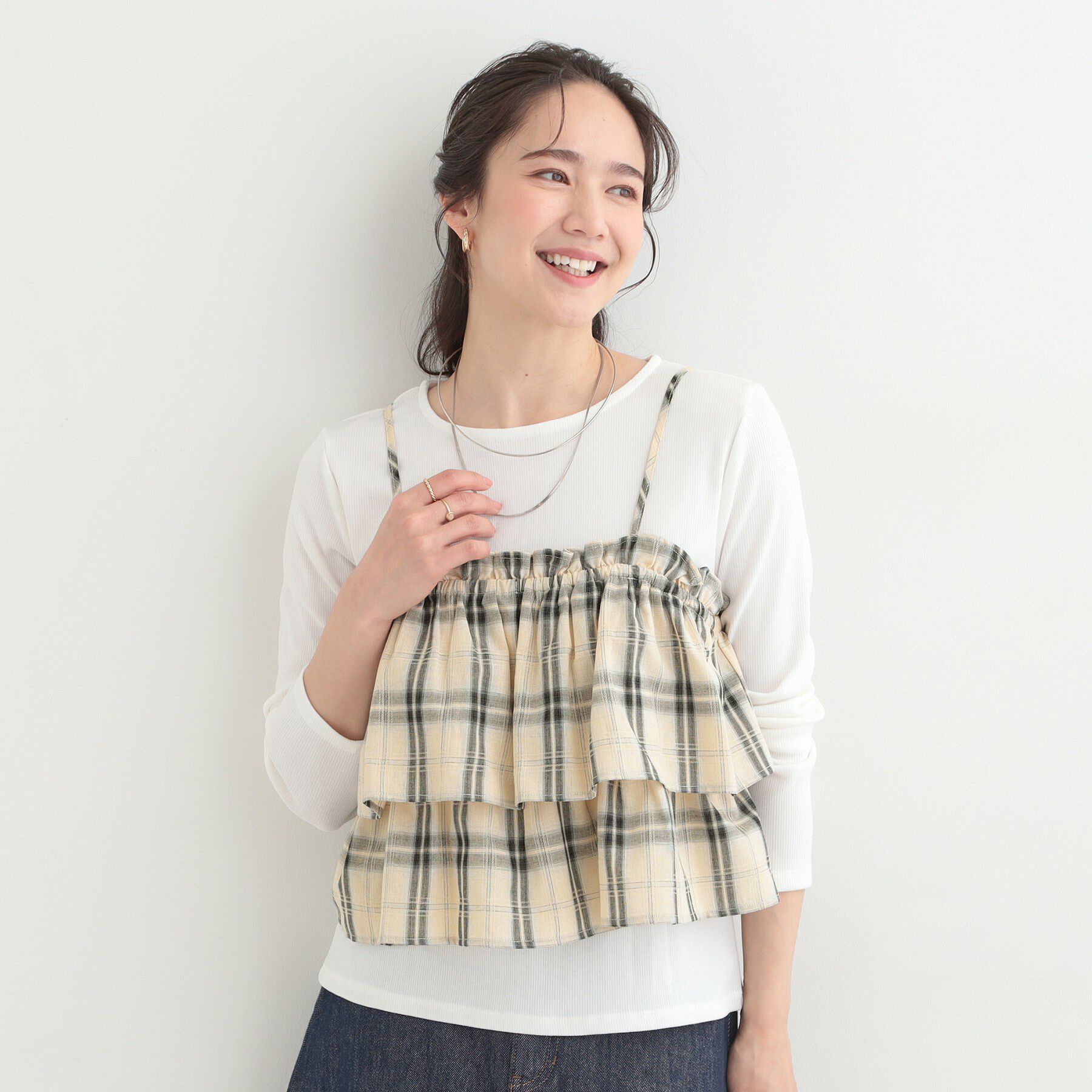 SHOO･LA･RUE「【2点セット】チェック柄フリルキャミビスチェ&times;テレコロンT」|Tシャツ・カットソー|