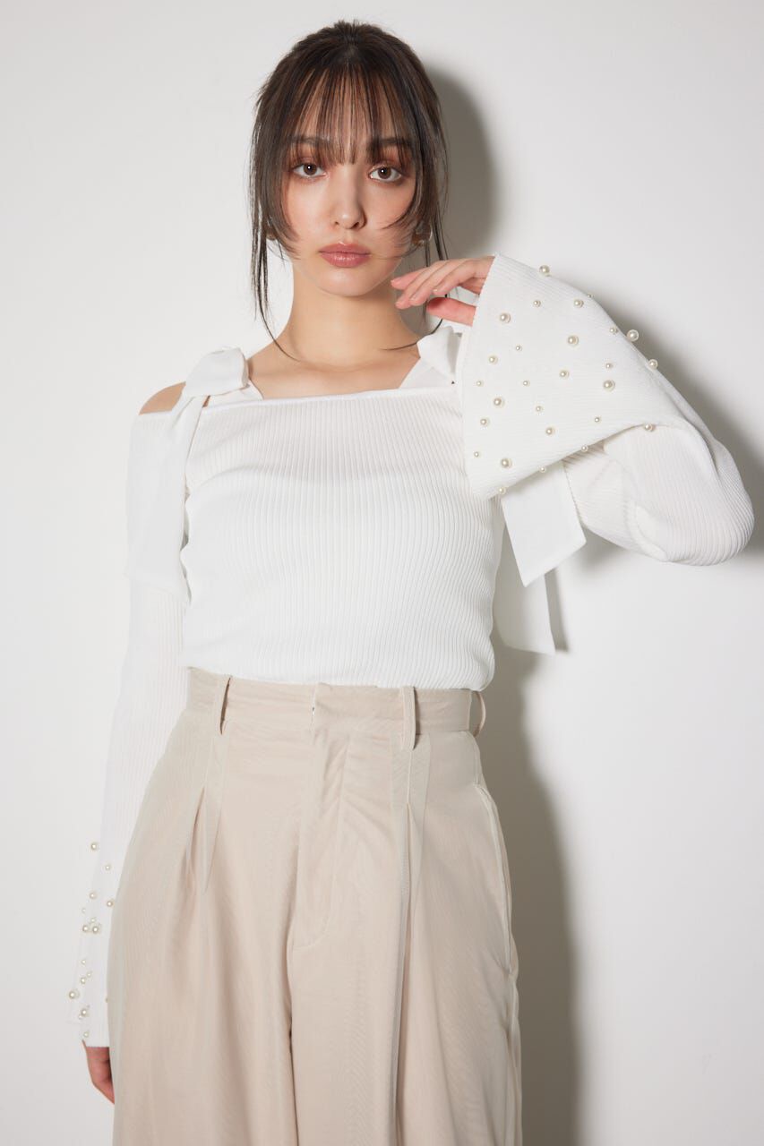 rienda「リボンオフショルダーニットトップス」|ニット・セーター|WHT