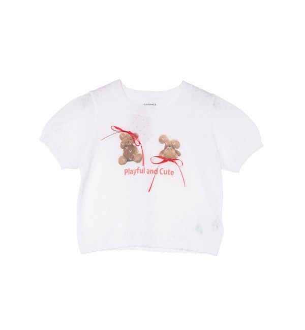 CALNAMUR「BEAR PRINT RIBBON KNIT /ベアプリントリボンニット」|ニット・セーター|ホワイト