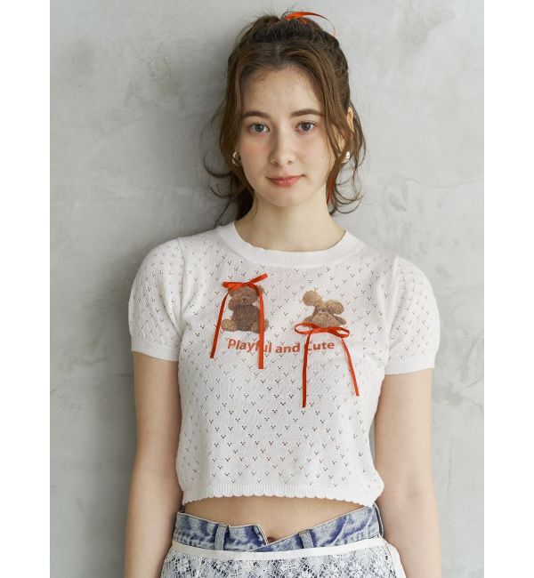 CALNAMUR「BEAR PRINT RIBBON KNIT /ベアプリントリボンニット」|ニット・セーター|