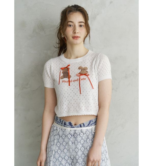 CALNAMUR「BEAR PRINT RIBBON KNIT /ベアプリントリボンニット」|ニット・セーター|