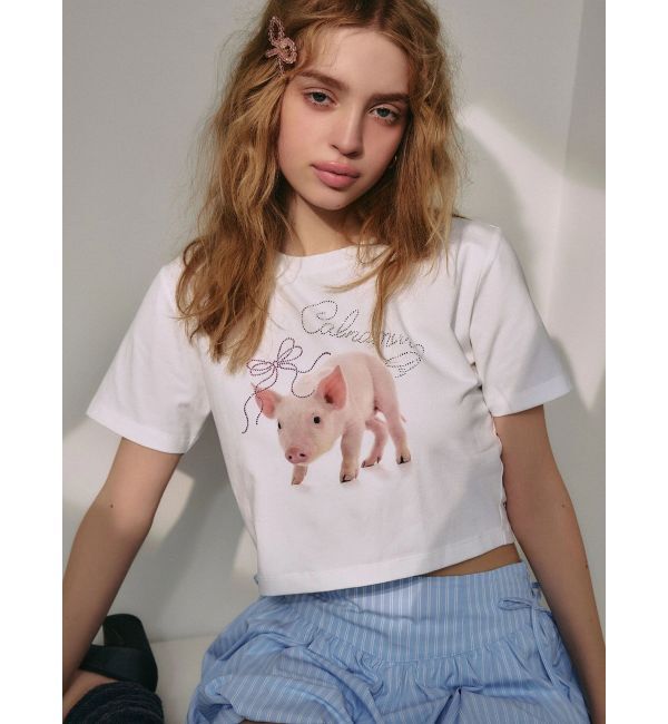 CALNAMUR「PIGLET RIBBON BIJOU TSHIRTS/ピグレットリボンビジューTシャツ」|Tシャツ・カットソー|