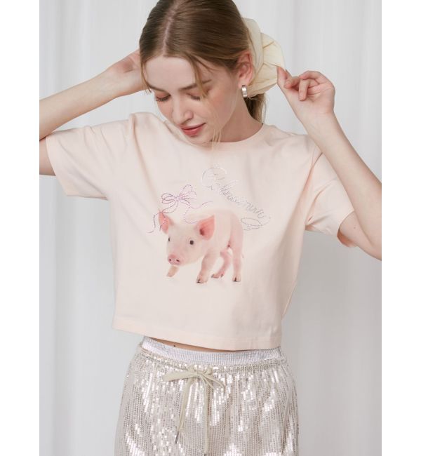 CALNAMUR「PIGLET RIBBON BIJOU TSHIRTS/ピグレットリボンビジューTシャツ」|Tシャツ・カットソー|