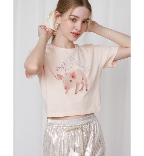 CALNAMUR「PIGLET RIBBON BIJOU TSHIRTS/ピグレットリボンビジューTシャツ」|Tシャツ・カットソー|