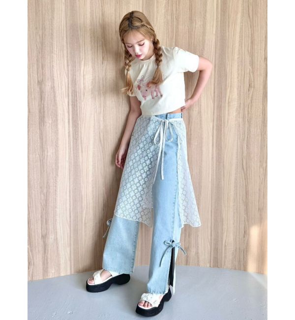 CALNAMUR「PIGLET RIBBON BIJOU TSHIRTS/ピグレットリボンビジューTシャツ」|Tシャツ・カットソー|