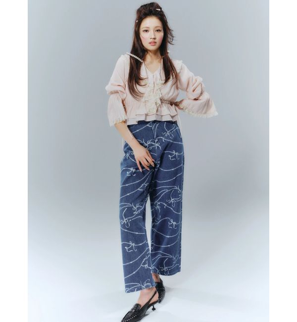 CALNAMUR「パールプリントデニムパンツ」|デニム|ブルー