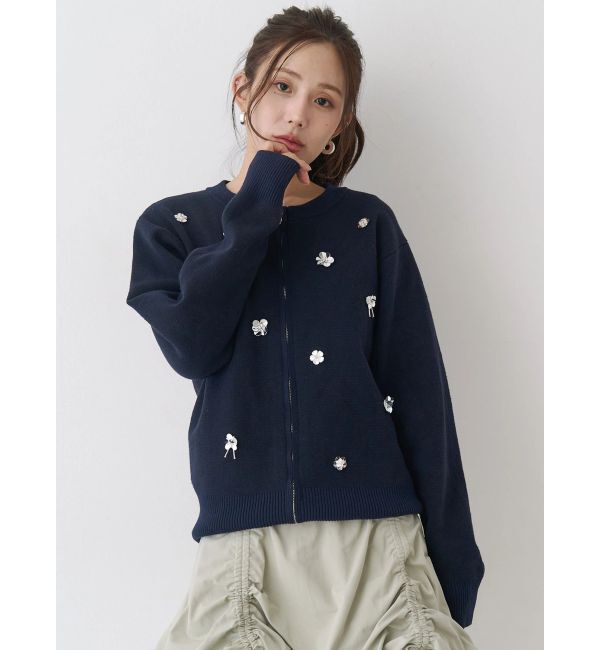 CALNAMUR「フロントジップビジューニットカーディガン」|カーディガン|ネイビー