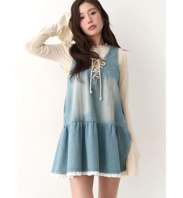 CALNAMUR「フロントレースアップデニムワンピース」|ワンピース|ブルー